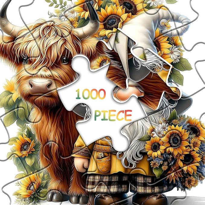 Highland Cow Gnome Puzzles for Adults 1000 Pieces, Nature Sunflower and Cow Puzzles, Animal Plant Floral Themed Jigsaw Puzzles Challenging for Adults