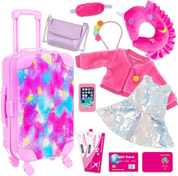 K.T. Fancy 18 Inch American Doll Clothes and Accessories, Doll Travel Suitcase Playset for Girls, Cute Travel Doll Clothes for 18 Inch Girl Doll(Not Include Doll & Shoes), Pink