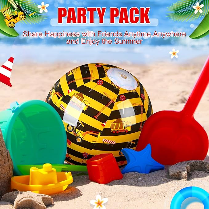 Leyndo 12 Pack Construction Car Themed Beach Ball for Kids 7.87" Bulk for Summer Pool and Beach Game Gifts and Birthday Party Supplies and End of The Year Class Party Decoration Favors