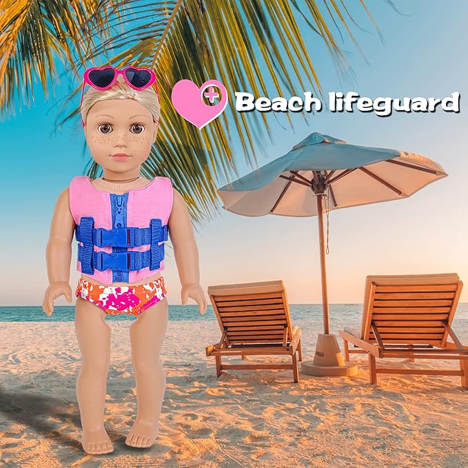 ebuddy 18 inch Doll Clothes and Accessories - Swimsuit and BeachSet Summer Pool & Beach Outfit with Life Vest, Unicorn Float, Towel and More for 18" Dolls (No Doll)