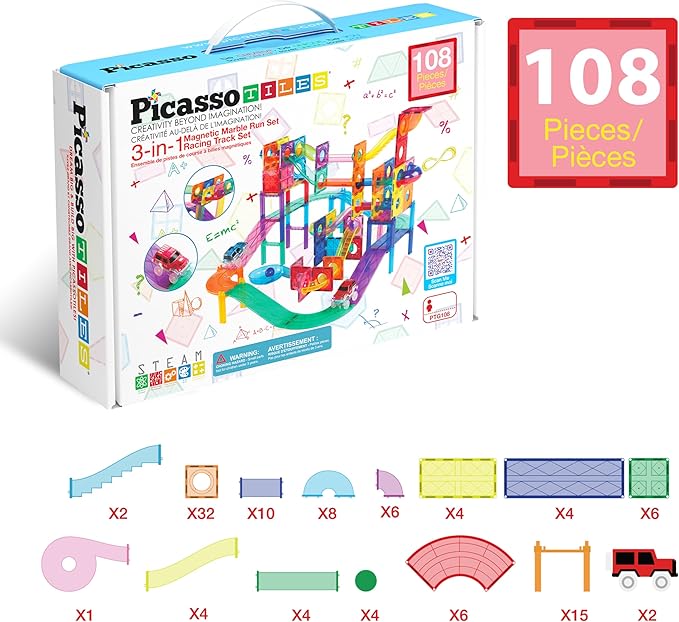 PicassoTiles 108pc Magnetic Marble Run Set with Building Tiles Race Track Car Slides Set STEM Learning Toy 3-in-1 Preschool Construction Kit for Indoor Activity and Development for Kids age 3+ PTG108