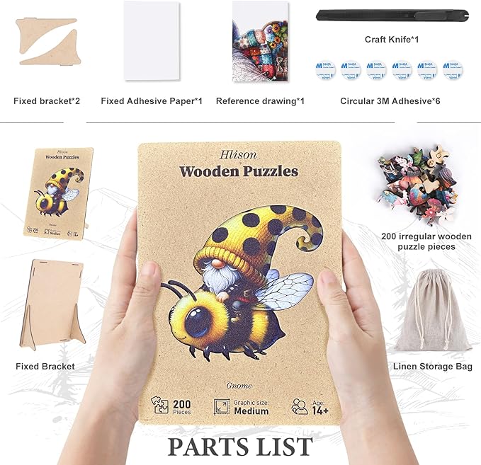 Wooden Jigsaw Puzzles, Bee Gnome 200 Pieces Wooden Puzzles for Adults, 10.6"x11.1" Wooden Puzzles with Unique Shape, Great Gift and Family Game