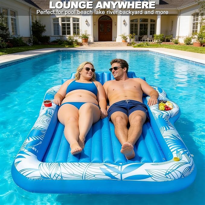 83" X 60" Inflatable Tanning Pool Lounger Float with Sprinkler, Extra Large Pool Float Adults with Pillow, 6 in 1 Suntan Tub Raft Floatie Toys with Drink Holder Sunbathing Water Filled Tanning Bed