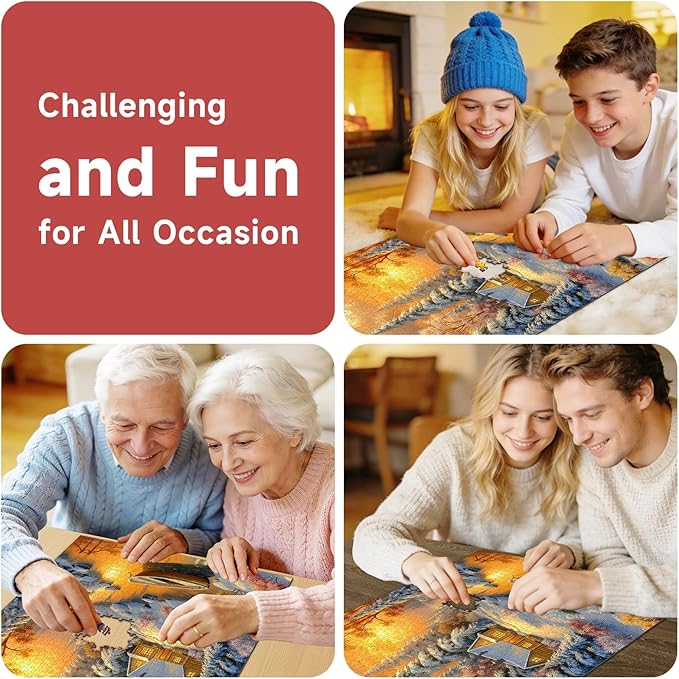 Winter Cabin 1000 Piece Puzzle for Adults - Snowy Forest & River Boat Art, Poster & Lettered Back, 20"x28" HD, Gift for Winter & Nature Lovers