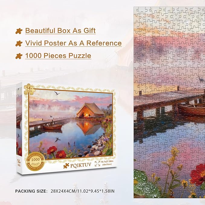 1000 Piece Puzzle for Adults Lake in Morning Jigsaw Puzzles with Letters on Back Nature Landscape Family Puzzles Wall Decor Funny Gifts for for Valentine Friends Parents (27.56x19.7 Inch)