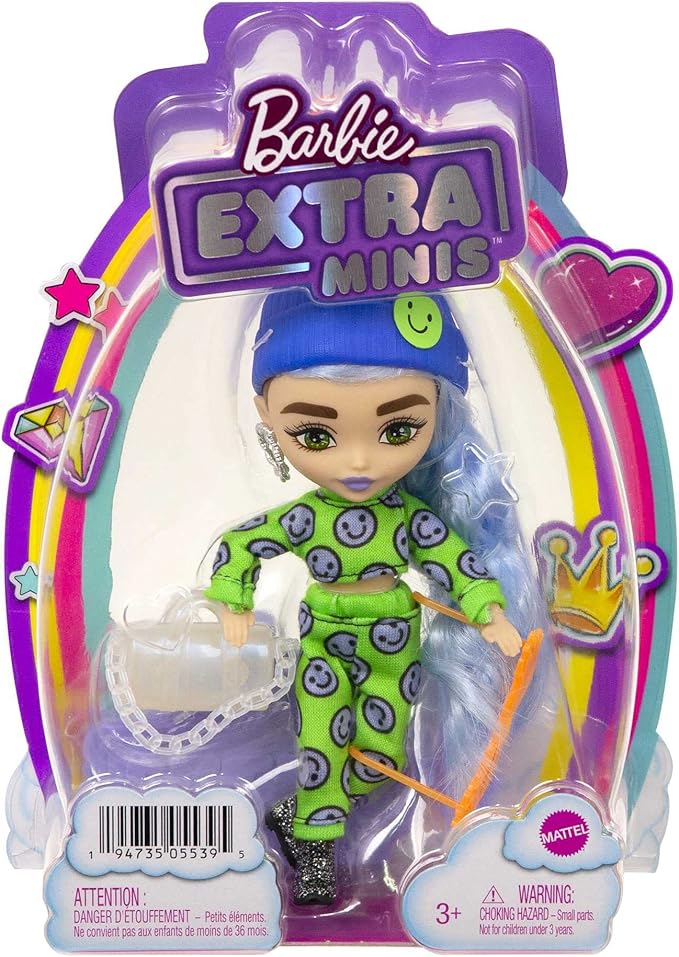 Barbie Extra Minis Doll #3 (5.5 in) Wearing Emoji-Printed 2-Piece Fashion, with Doll Stand & Accessories Including Sunglasses and Purse, Gift for Kids 3 Years Old & Up