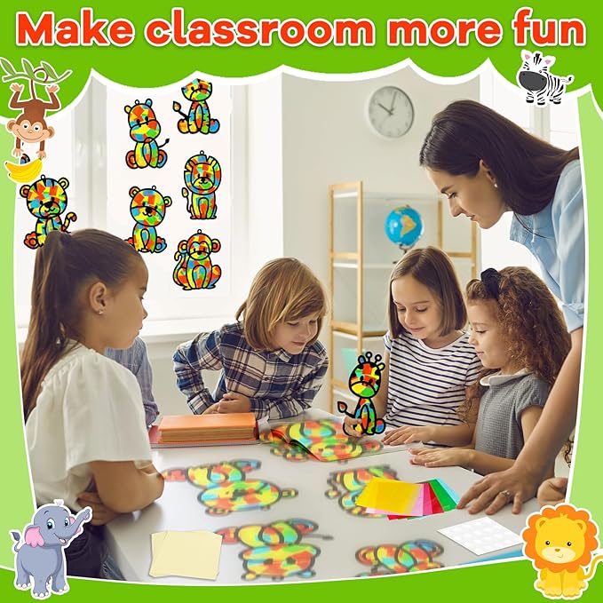 32 Sets Woodland Animal Suncatchers Craft Kit DIY Window Stained Glass Effect Forest Jungle Animals Paper Craft Home School Classroom Decoration Kid Birthday Gift Creative Art Project Activity Game