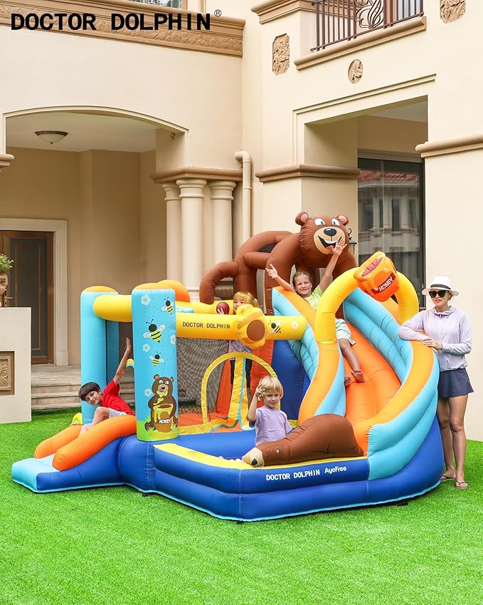 Inflatable Bounce House, Double Slide Bounce House for Big Kids, 6 in 1 Bear Jumping Castle with 450 Blower, Air Cushion, Ball Pit, Climbing Wall, Basketball Hoop