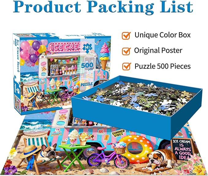 500 Piece Jigsaw Puzzle for Adults - Beach Ice Cream Truck with Cute Bulldogs Jigsaw Puzzles 500 Pieces Puzzles for Adults Finished Size 19.3“ x 13.7”