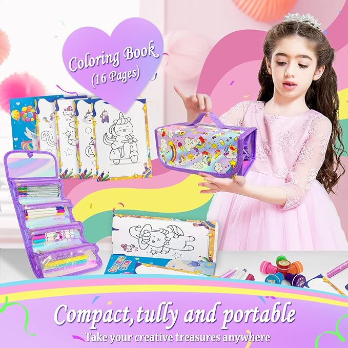 56 PCS Washable Scented Markers with Glitter Pencil Case, Unicorn Arts and Crafts for kids 4-6-8 Kids Coloring Drawing Kits for 4-8 Years Old Girls Xmas Gifts Stocking Stuffers (Purple, Purple)