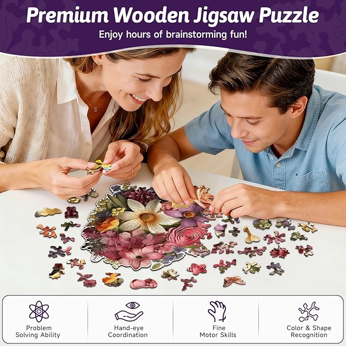 218PCS Wooden Jigsaw Puzzle for Adults – Heart Shaped Floral Puzzle,12.5 x 12.4’’ Unique Cut Valentine’s Day Wooden Puzzles, Romantic Flower Art Puzzles for Wedding (Rose Heart)