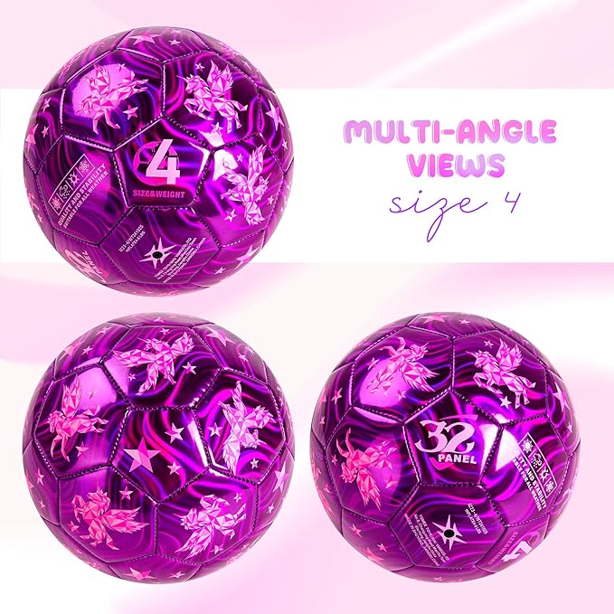 Soccer Ball Size 2 Size 3 Size 4 For Toddlers Kids Ages 1-3 3-8 8-12 - Glitter Unicorn Dinosaur Design - Sports & Outdoors Ball with Pump Deflated - Gift for Girls Boys Children Youth School Birthday
