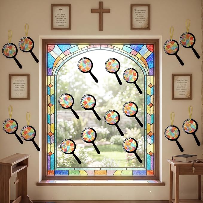 Renbuzhu 48PCS Sunday School VBS Crafts Bulk: Paper Magnifying Glass Nativity Suncatchers, Jesus Religious Christian Activity DIY Kits Church Decorations, Window Stained Glass Effect Art Supplies