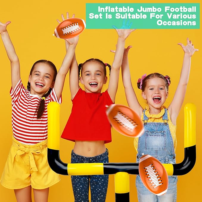 4 Pcs Jumbo Inflatable Football Set Include 1 Giant Inflatable Football Goal Post and 3 Pcs Blow Up Footballs Beach Balls for Summer Beach Lawns Outdoor Sports Game