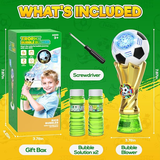 Bubble Wand - Soccer Trophy Bubble Machine with 2 Solution Refill, Automatic Bubble Blower for Kids, Bubbles Maker Blaster Toddler Outdoor Toys, 2026 Merchandise Birthday Gifts for Boys Girls Age 3+
