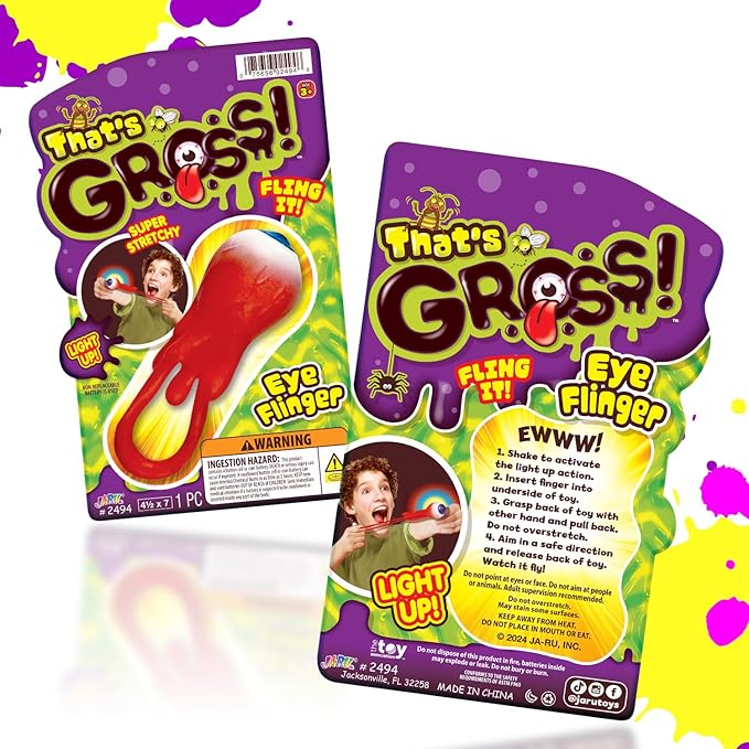 JA-RU Gross Light Up Eye Flinger Toy (Pack of 2) Stretchy Launching Eyeball. Halloween Party Favor. Sticky Splat Ball, Wall Ball, Squishy, Stress Relief, Gross Toy, Sticky Flinger 2494-2
