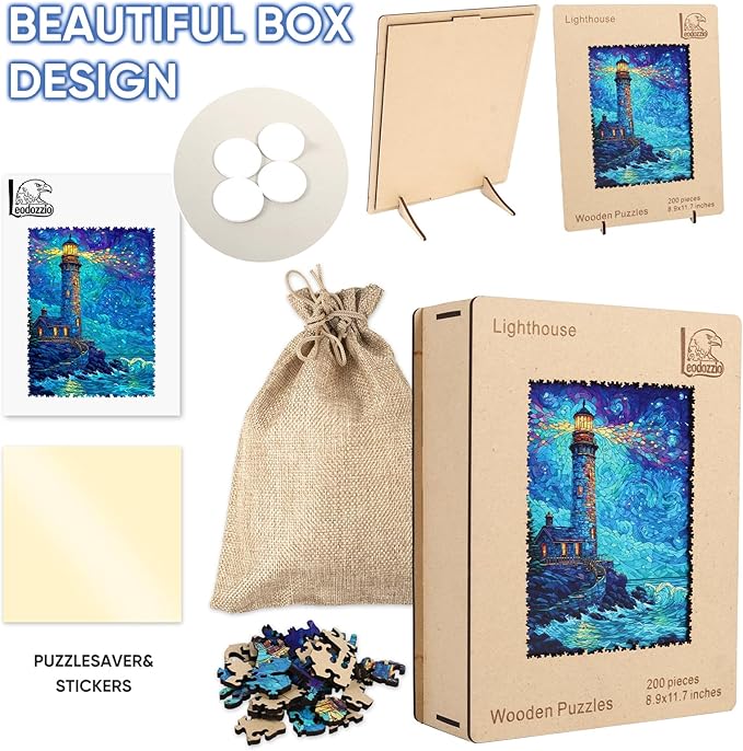 Leodozzio Wooden Puzzles for Adults, Lighthouse Wood Jigsaw Puzzle 200 Pieces, 5mm Thick Unique Shaped Ocean Puzzle, Gift for Adults & Family, 8.8 x 11.7 Inch