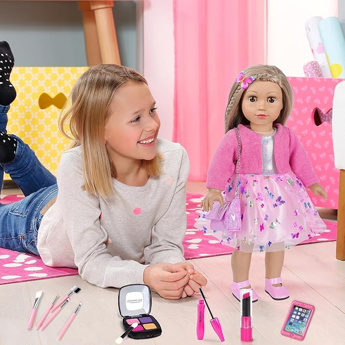 American 18 Inch Doll Makeup Accessories and Clothes,Messenger Bag Set for 18 Inch Dolls Include Phone Eye Shadow Lipstick Eyelash Brush Makeup Brush Butterfly Hair Clip and Shoes(No Doll)