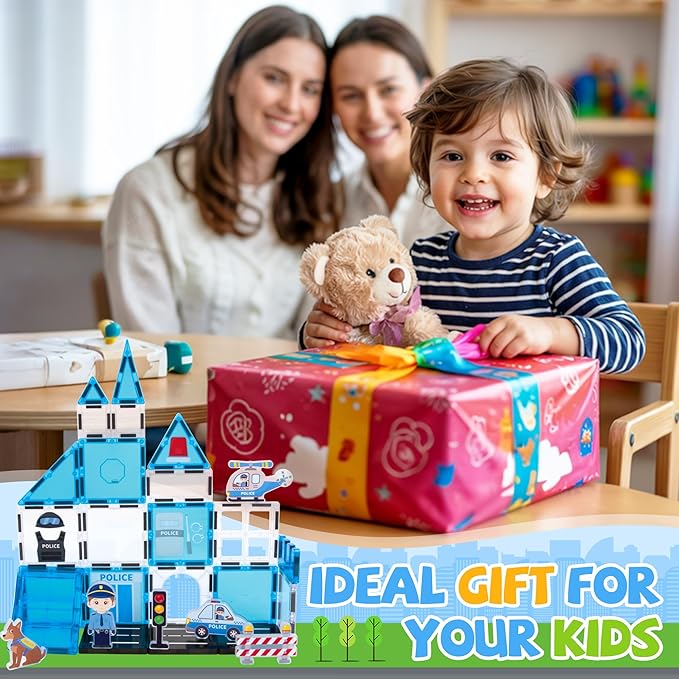 cossy Magnetic Tiles Police Set, Magnet Tiles with Policeman, Magnetic Tiles for Kids Ages 4-8, STEM Toys, Toys for 3 4 5 6 7 8 Year Old Boy and Girl, Creative Building Toys, Police