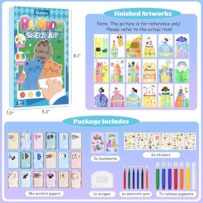GAKICO Rainbow Scratch Art for Kids: Creative Squeegee Painting Kits, Rainbow Scratch Paper Art Set, Squeeze Magic Reveal Craft Kits, DIY Postcards Party Favors Novelty Gifts for Girls Boys