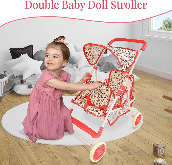 Double Doll Stroller for Twin Dolls & Toddlers - 25' Floral Tandem Play Toy Stroller