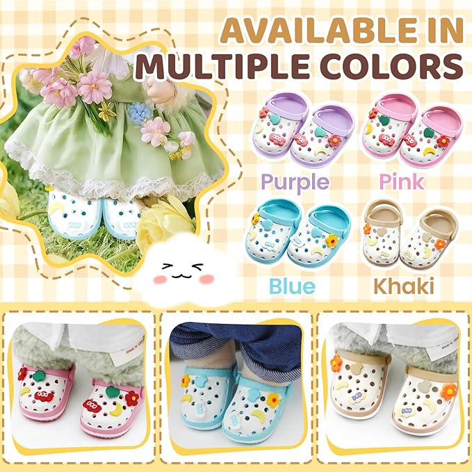 Doll Shoes,6.7in(17cm) Plastic Doll Dress up Shoes,Doll Decoration Accessories for Mini Clog Shoes with Cute Decoratives,Dual-Tone Oil Painting Design with Removable Ornament (Blue)