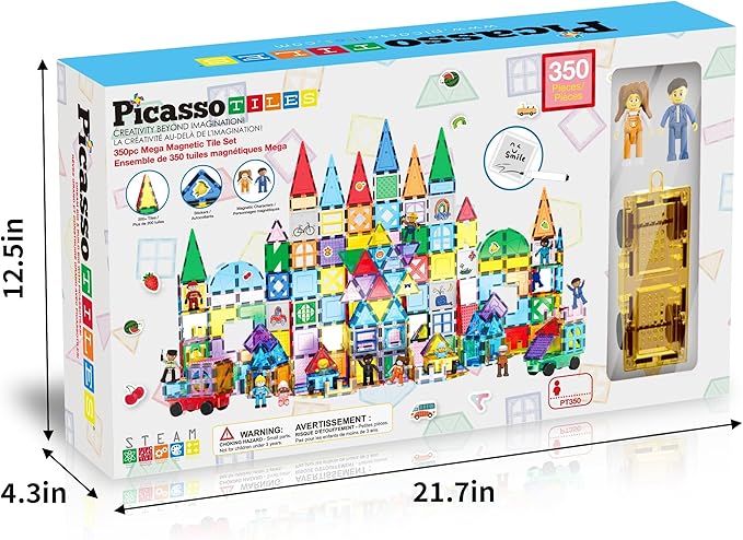 PicassoTiles Mega Magnetic Building Block 350 Piece Set Magnet Tile Construction Blocks with Car Base, Character Figures, Markers, Whiteboard, 110+ Page Ideabook Included for Ages 3 Up STEM Learning