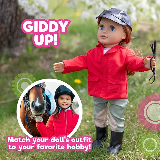 Dress Along Dolly 6pc Horseback Riding Outfit - 18" Doll Clothes & Accessories Compatible w American Girl- Equestrian Set Includes Hat, Shirt, Jacket, Pants, Boots, & Crop - Easter Basket Stuffer