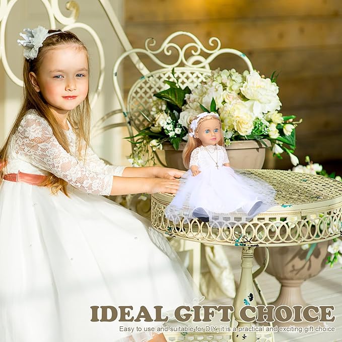 RoundFunny 7 Pcs 18 Inches American Doll Clothes Outfit First Communion Dress with Matching Headband Veil Bracelet Shoes Socks Necklaces Fit 18 Inches Dolls, Doll Not Included(Floral Headband)
