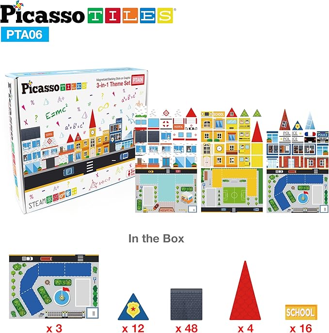 PicassoTiles 80pc School, Hospital, Police Station 3-in-1 Theme Magnet Self Adhesive Backing Stick-On Puzzle Graphic Kit and Overlay Maps for Magnetic Building Blocks STEM Learning Construction Toy