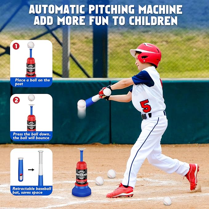 4 in 1 Kids Basketball Hoop and T-Ball Set - Adjustable Hanging T-Ball Stand with Automatic Pitching Machine, Indoor Outdoor Sports Toys, Christmas Birthday Gifts for Boys Girls Ages 3-8