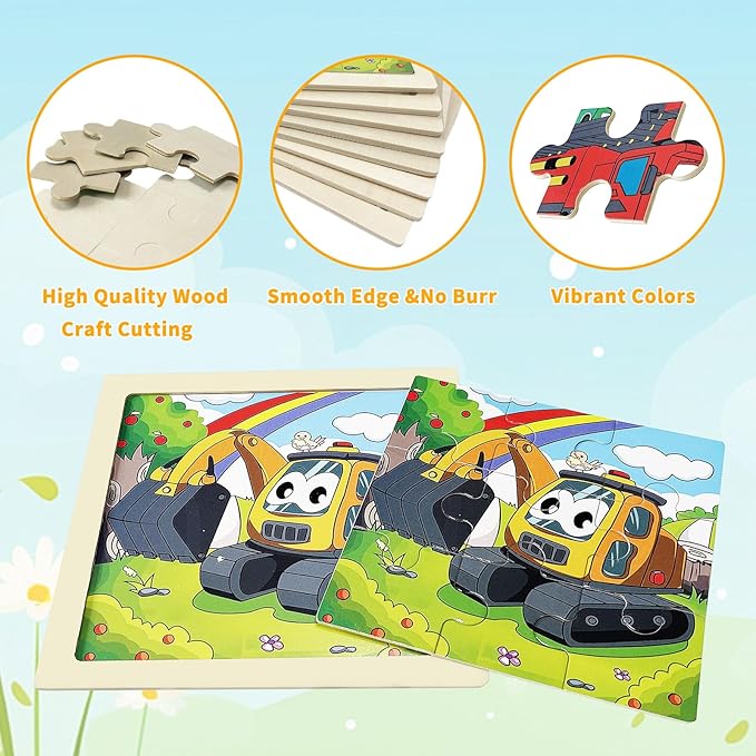 Wooden Puzzles for Toddlers, 8 Pack Vehicle Car Construction Jigsaw Puzzles for Kids Ages 3-5, 9 Pieces Puzzles for Kids Ages 4-6 Preschool Learning Activities, Educational Toys Gift for Boys