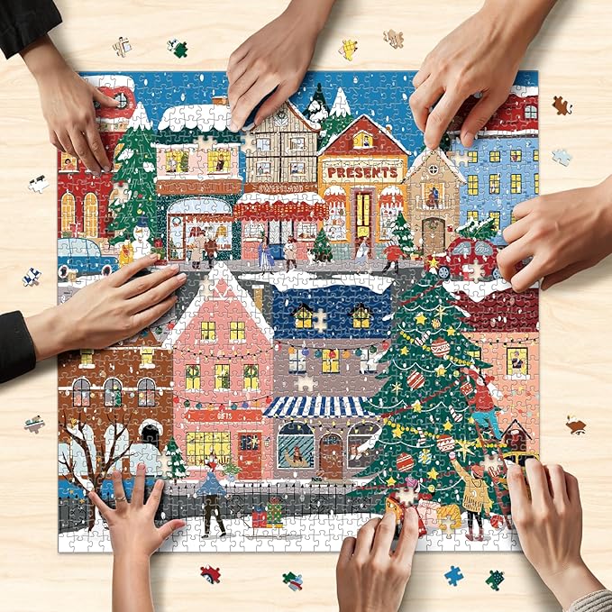 1000 Piece Christmas Puzzle for Adults, Festive Winter Village Jigsaw Puzzle with Glitter Snow Effect, Holiday Street Scene Puzzle, Perfect for Christmas Fun, 24 x 24 Inches