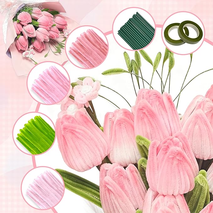 LINAYE 500 PCS Pipe Cleaners Craft, 6 Colors Pipe Cleaners Flowers Kit, Chenille Stems for Crafts with Instruction Wrapping Paper, Flower Stamens, Stems Art and Craft Supplies Pink (12inch x 6mm)