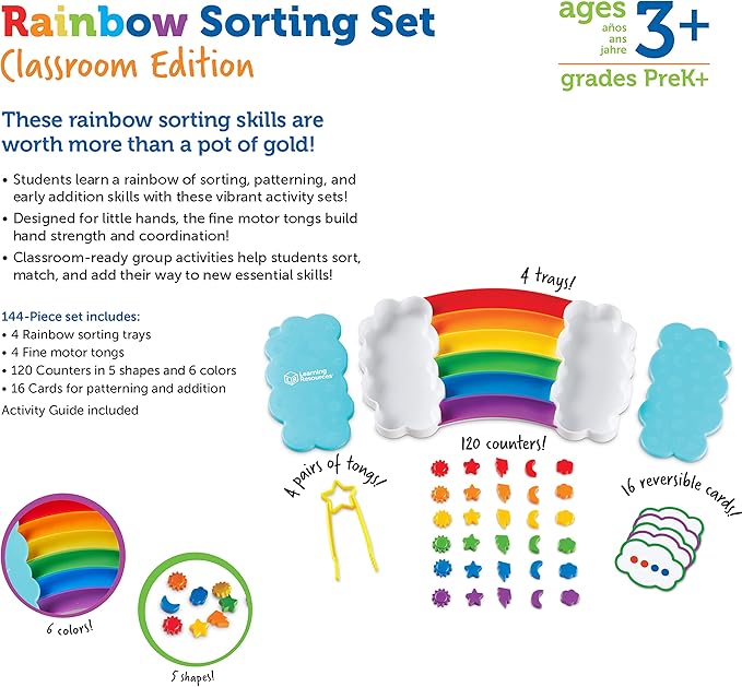Learning Resources Rainbow Sorting Set Classroom Edition - Toddler Sensory Bin Toys, Montessori Fine Motor Skills, Color Shape Sorter Games, Preschool and Homeschool , Back to School, Teacher Gifts