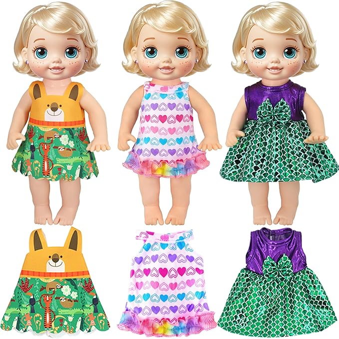 12 Set Alive Baby Doll Clothes and Accessories for 10-12 Inch Girl Dolls Outfits Include Cute Jumpsuit Dress, Gift for Kids 3+ Up