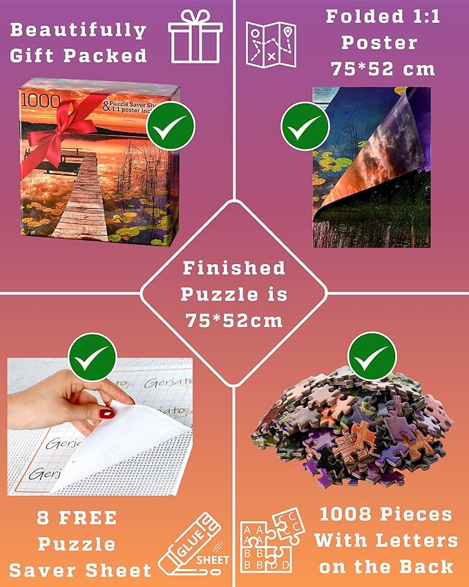Puzzles for Adults 1000 Pieces - Ideal Gift for Loved Ones, Gift-Ready Box, Letters on Back, 8 Jigsaw Puzzle Saver Sheets & Full-Size Poster - Scenic Landscape Sunset with Dock & Lilies by GERJATO