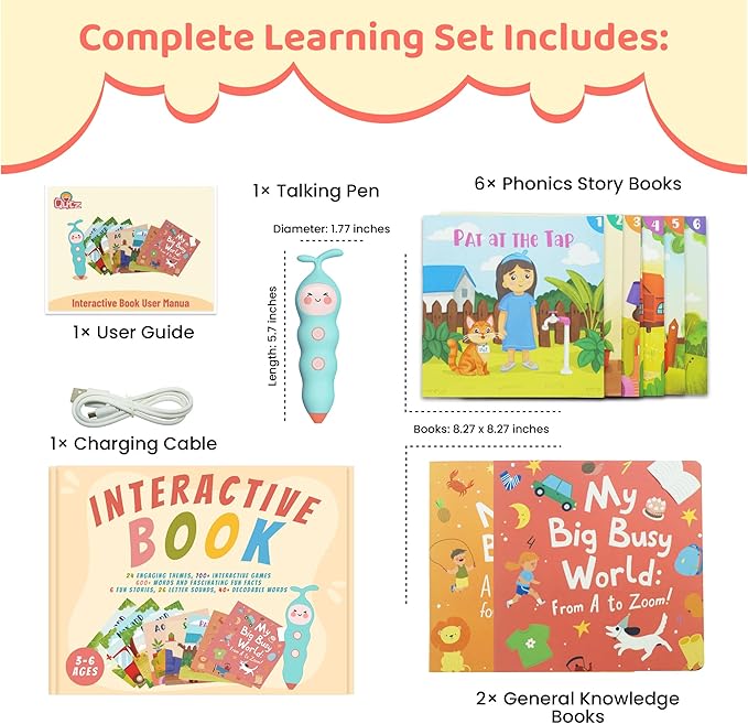 QuTZ Talking Pen Book Set, Learn to Read Sound Books, Learning Toys with 8 Tap to Read Books, 600+ Words & Fun Facts, 6 Phonics Story Books, 700+ Games, Educational Toy for Kids 3+ (Cardboard Version)