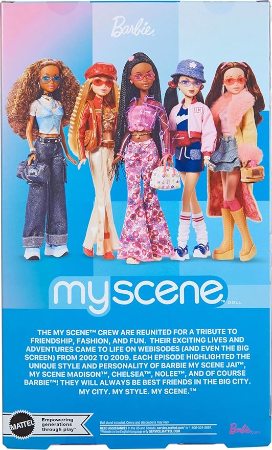 Barbie Signature My Scene Jai Doll and Accessories, Black Braids, Y2K-Inspired Outfit with Pink Top, Vinyl Jacket, Floral Flare Pants and Doll Stand