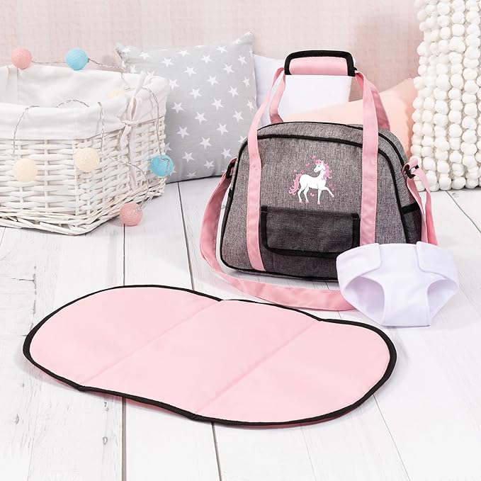 Bayer Doll Bag with Diaper Bag Accessories, Baby Doll Changing Set, Grey Pink Unicorn, Ages 18 Mo