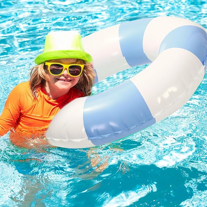 Whaline 4Pcs Inflatable Swimming Float Toy Striped Swim Ring Fun Print Pool Lounger Tube for Summer Swimming Beach Party
