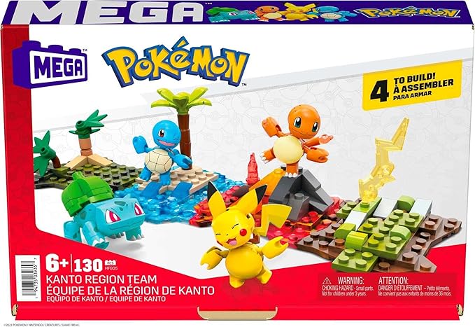MEGA Pokémon Building Toys Set Kanto Region Team with 130 Pieces, 4 Poseable and Articulated Characters, 2 Inches Tall, for Kids