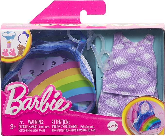 Barbie Clothes & Accessories, Deluxe Keychain Rainbow Bag with Pajamas & Slumber Party-Themed Accessories for Fashion Dolls Like Slippers