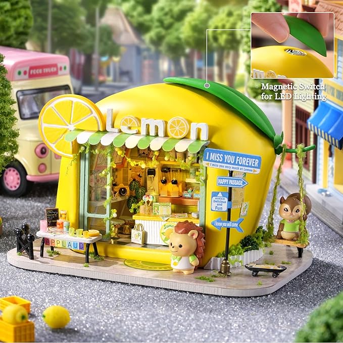 TuKIIE DIY Miniature House Kit with Furniture, 1:100 Scale Creative Room Mini Wooden Dollhouse Book Nook for Kids Teens Adults(Lemon Beverage Shop)