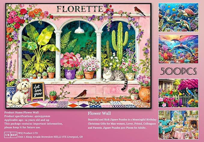 500 Piece Jigsaw Puzzle for Adults -Floral Garden Window with Cute Cat Puppy - Vibrant Pink Plant Decor Paper Puzzle for Relaxation Finished Size 19.3" x 13.7"