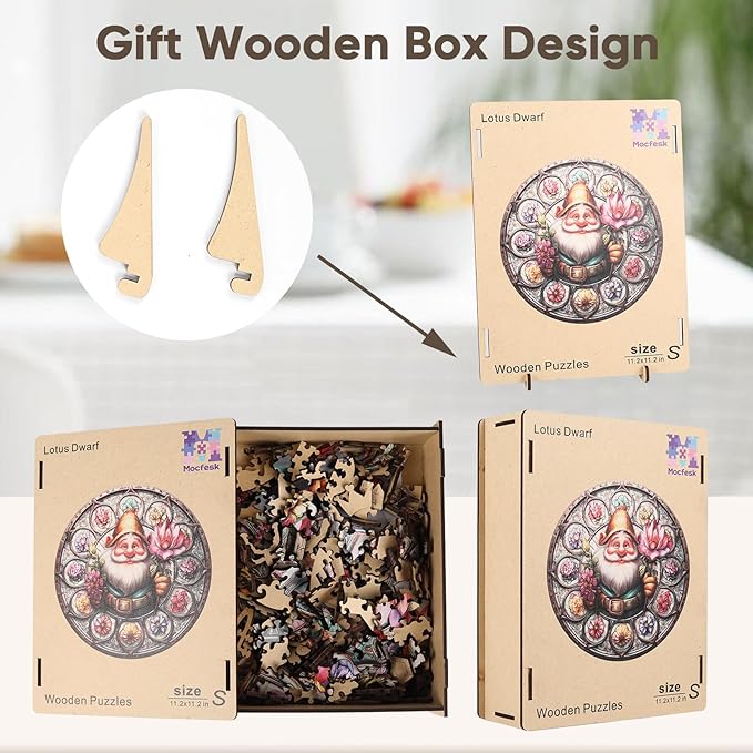 Mocfesk Gnome Wooden Puzzles for Adults and Kids, Dwarf Jigsaw Puzzles for Grandkids, Unique Shaped Puzzles 200 Pieces with Exquisite Wooden Box 11.2'' x 11.2''