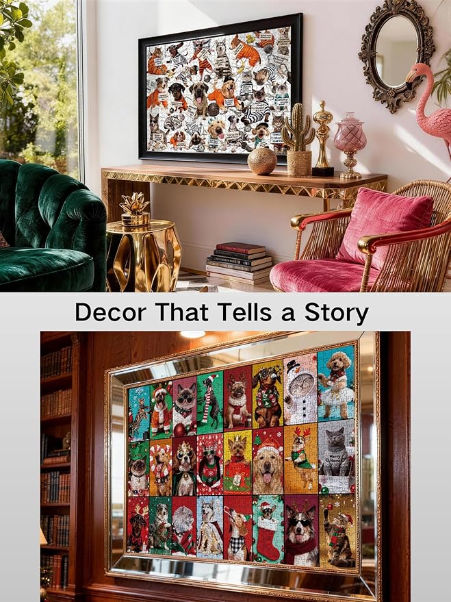 Double-Sided 1000-Piece Jigsaw Puzzle for Adults,DIY 24-Section Mystery Puzzle, Funny Jailhouse Dogs & Cats/Christmas Dress-Up Cats & Dogs, Challenging Family Fun, 27.6 x 19.7 in Hipazous