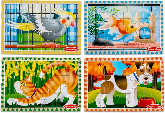 Melissa & Doug Wooden Jigsaw Puzzles in a Box 2-Pack for Preschool Boys and Girls – Pets, Vehicles