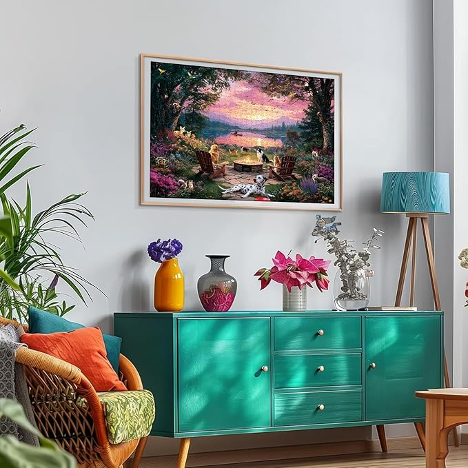 300 Piece Puzzles for Adults, 300 Piece Puzzles for Adults Large Piece, Lake Sunset Dogs Campfire Jigsaw Puzzle Funny Gift for Adult Kids Challenging Family Games Toy, 20.5 X 15 in