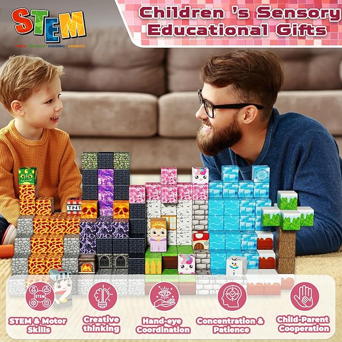 Magnetic Blocks - 150PCS Magnetic Building Block Cubes Dark Forest Glacier Castle, Magnet Toy Building Sets for Kids Age 3+, STEM Stacking Construction Toys Easter Gift for Boys Girls Age 4-8, 8-12